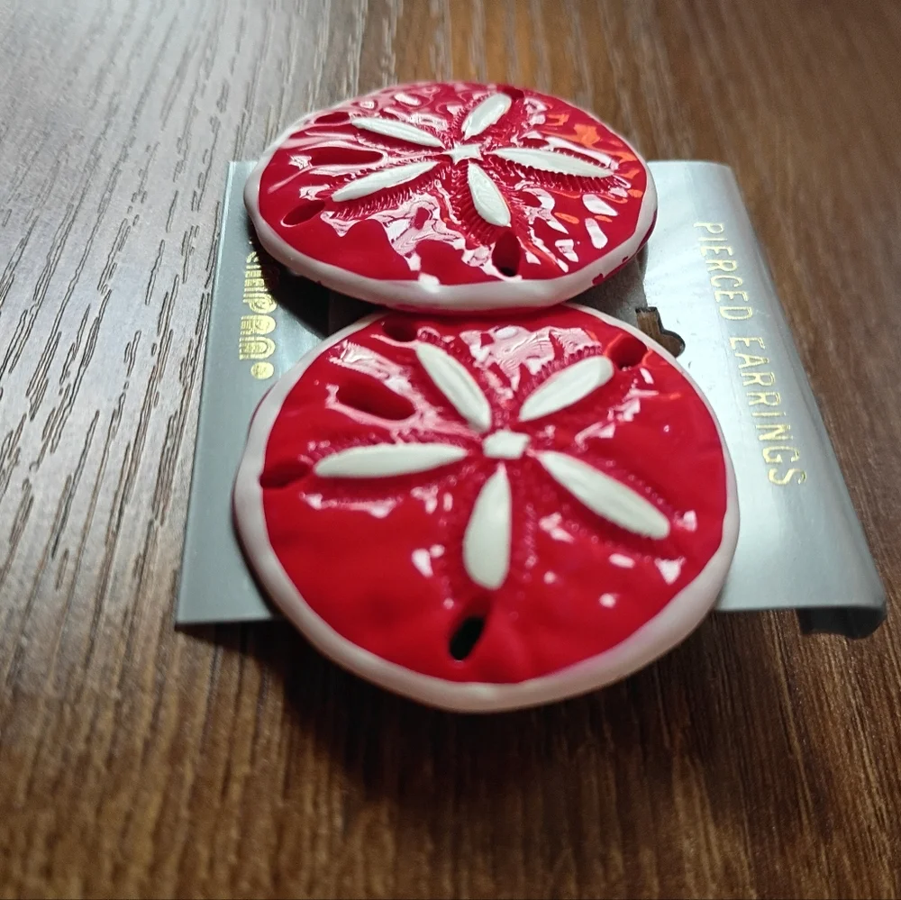 Bright Red Sand Dollar Round Drop Earrings Coastal Beach Summer Nautical - Picture 4 of 6